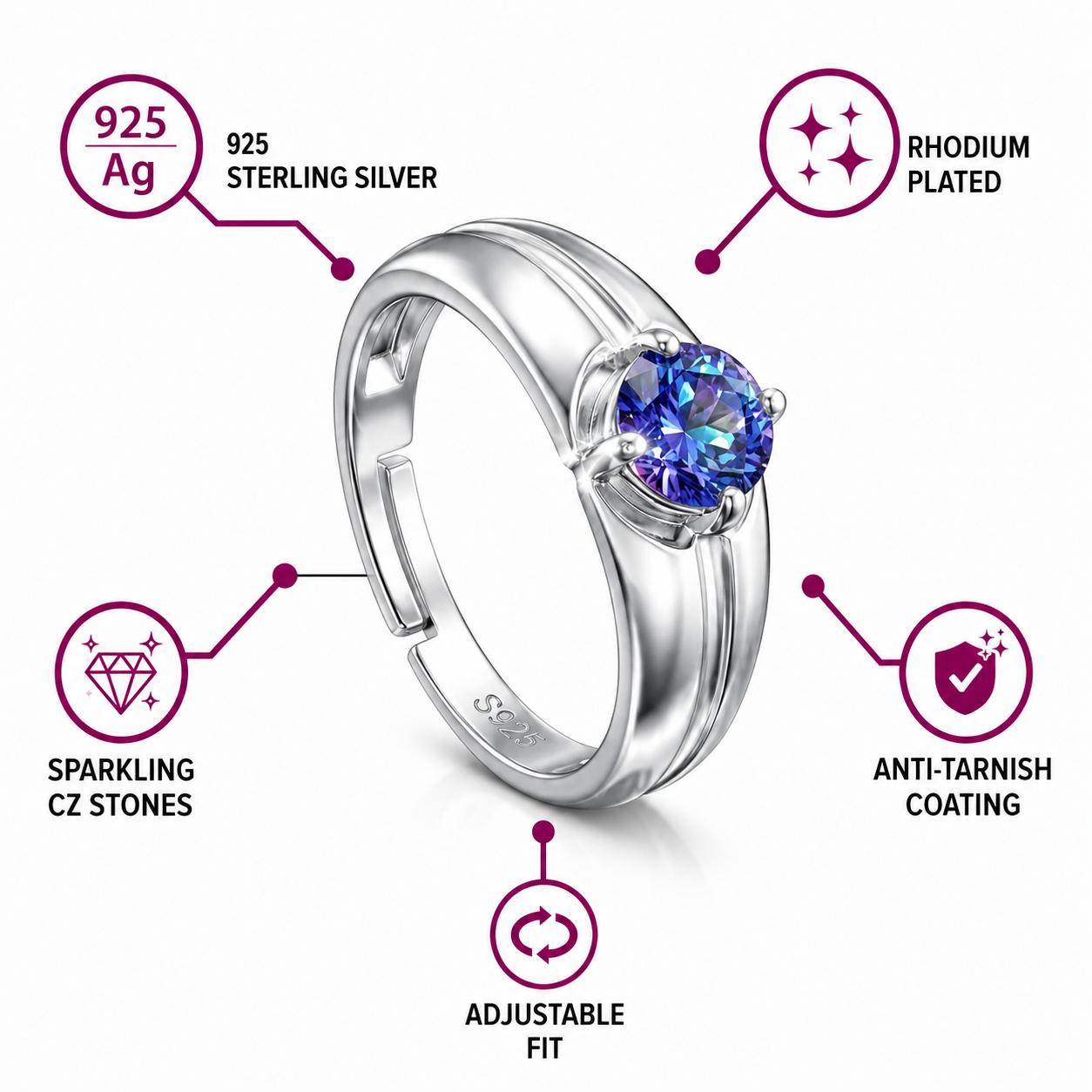 925 Sterling Silver Blue Sapphire Solitaire Adjustable Ring Men's Ring - Image 4